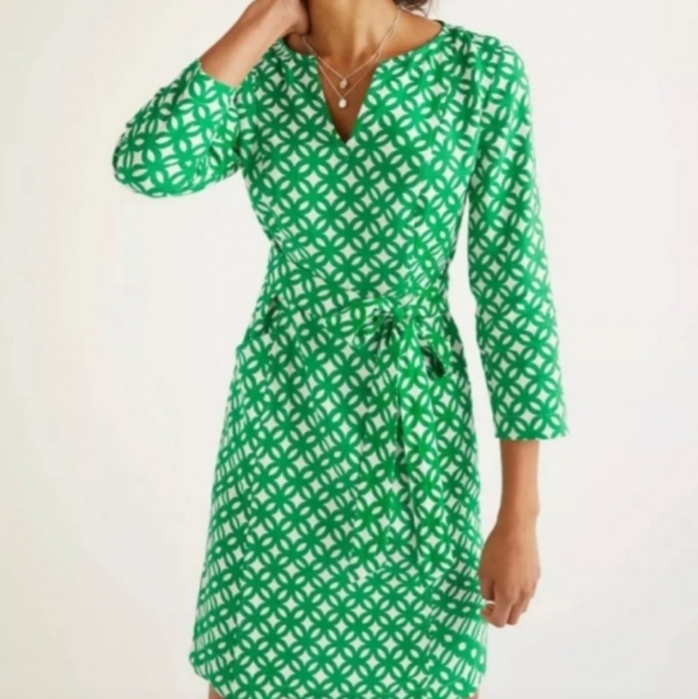 Boden Sz 20/22 Long Kelsey Green and White Geometric Linen Dress